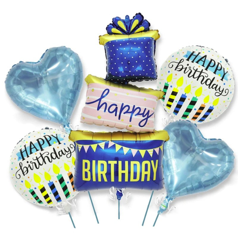 Set 5 Baloane Aniversare Happy Birthday, Decoratiuni Petrecere din Folie de Aluminiu, Include Model Cadou, Inimi si Baloane Rotunde, Pai de Umflare Inclus, 60 x 124 cm, Albastru