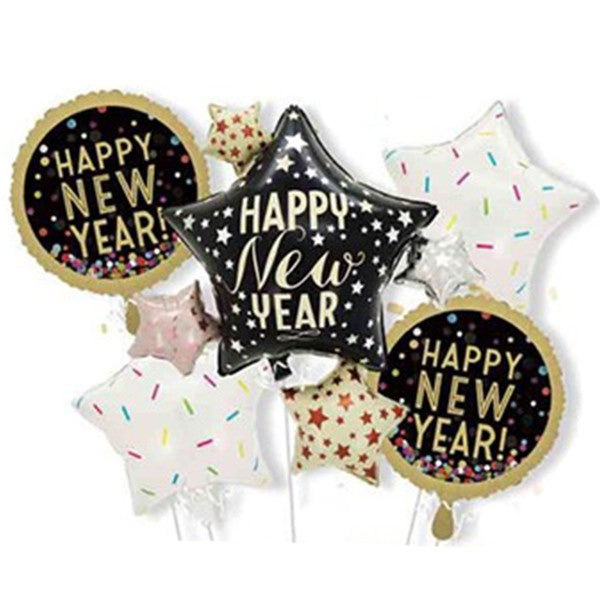 Set Baloane Aniversare Happy New Year, Decoratiuni Revelion cu Stea Mare 83 x 90 cm, Folie Aluminiu, 9 Piese, Negru