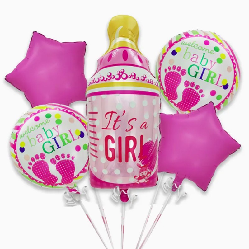 Set 5 Baloane Decorative Gender Reveal, Figurina Sticluta It's a Girl, Folie si Latex, Roz, 40 x 77 cm