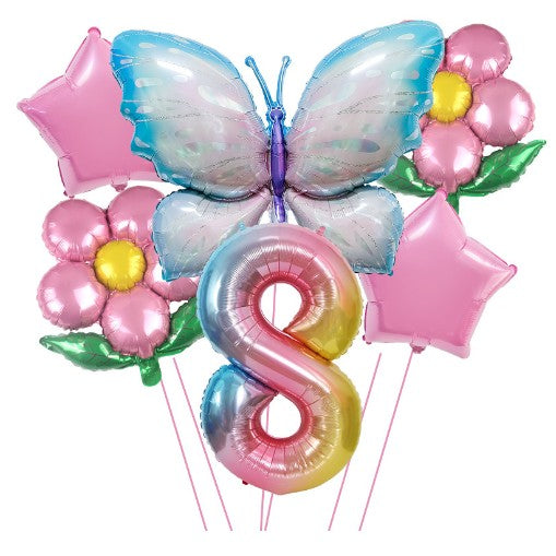 Set Baloane Aniversare Cifra 8, Tematica Natura cu Flori si Fluture, Folie Aluminiu, 6 Piese, Multicolor