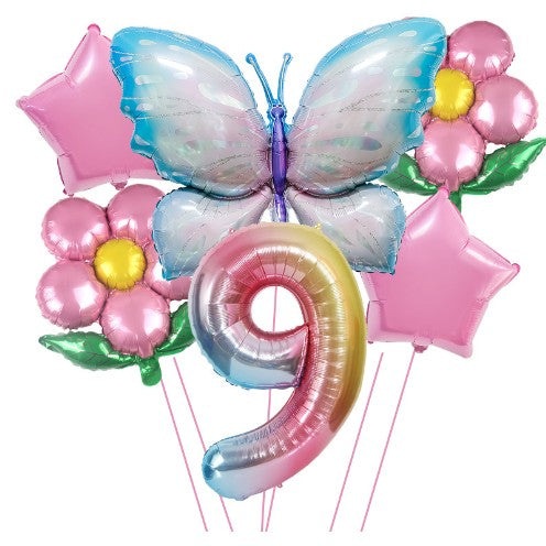 Set Baloane Aniversare Cifra 9, Model Fluture si Flori, Folie Aluminiu, Multicolor, 6 Piese
