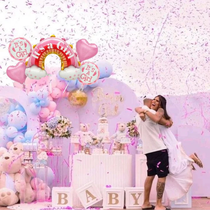 Set Baloane Decorative Baby Shower It's a Girl, Tematica Curcubeu pentru Gender Reveal si Botez, Material Folie si Latex, 5 Bucati, 66 x 91 cm, Roz