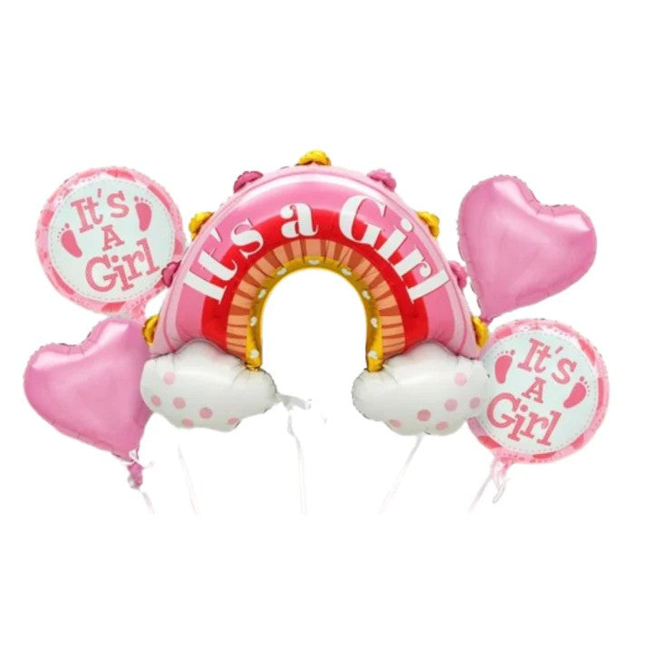Set Baloane Decorative Baby Shower It's a Girl, Tematica Curcubeu pentru Gender Reveal si Botez, Material Folie si Latex, 5 Bucati, 66 x 91 cm, Roz