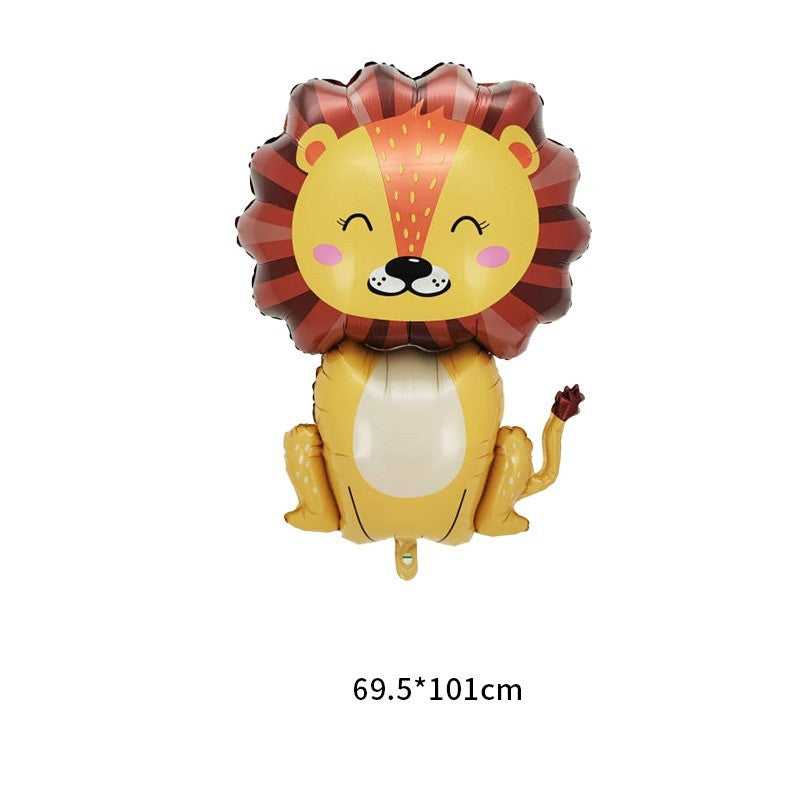 Set 5 Baloane din Folie Metalizata, Tema Jungla cu Figurina Leu Gigant, Decoratiuni Aniversare, Umflare Aer sau Heliu, Pai Inclus, Leu 101 cm si Stelute 45 cm, Multicolor
