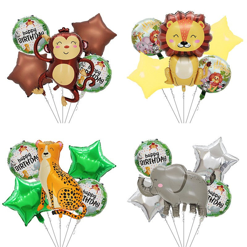 Set 5 Baloane din Folie Metalizata, Tema Jungla cu Figurina Leu Gigant, Decoratiuni Aniversare, Umflare Aer sau Heliu, Pai Inclus, Leu 101 cm si Stelute 45 cm, Multicolor
