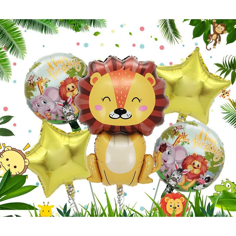 Set 5 Baloane din Folie Metalizata, Tema Jungla cu Figurina Leu Gigant, Decoratiuni Aniversare, Umflare Aer sau Heliu, Pai Inclus, Leu 101 cm si Stelute 45 cm, Multicolor