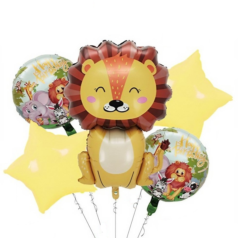 Set 5 Baloane din Folie Metalizata, Tema Jungla cu Figurina Leu Gigant, Decoratiuni Aniversare, Umflare Aer sau Heliu, Pai Inclus, Leu 101 cm si Stelute 45 cm, Multicolor
