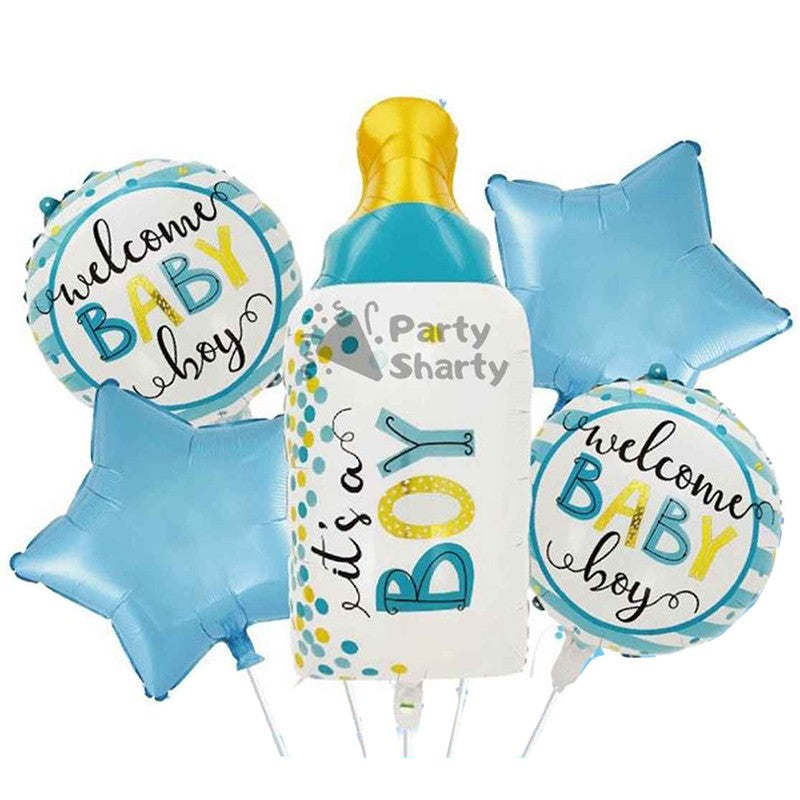 Set 5 Baloane Decorative Gender Reveal, Figurina Sticluta It's A Boy, Folie Si Latex, Albastru, 40 x 77 cm