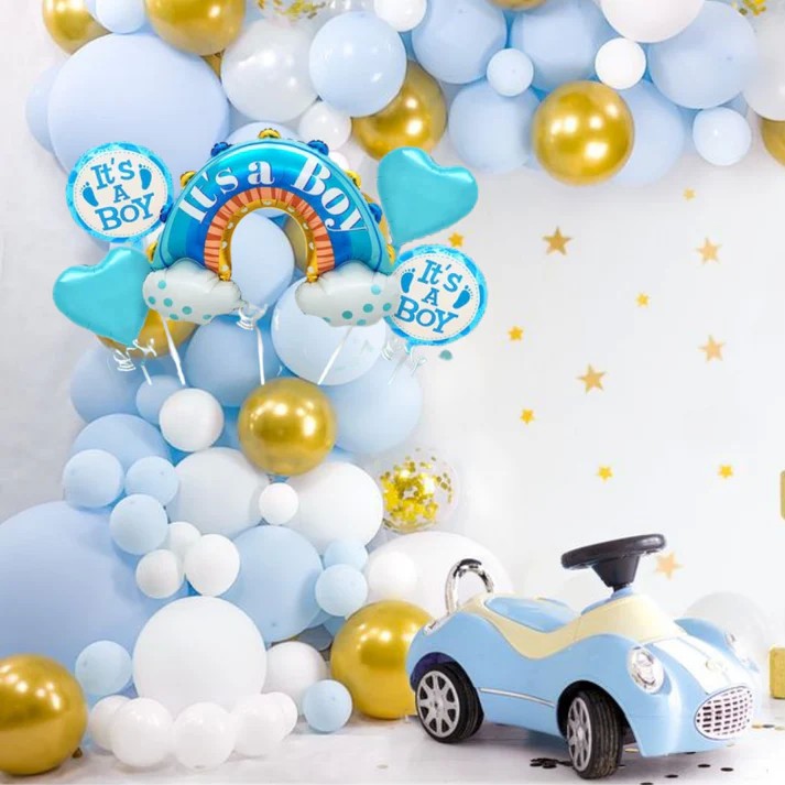 Set 5 Baloane Decorative It's a Boy, Tematica Baby Shower si Gender Reveal, Model Curcubeu, Folie si Latex, 66 x 91 cm, Albastru
