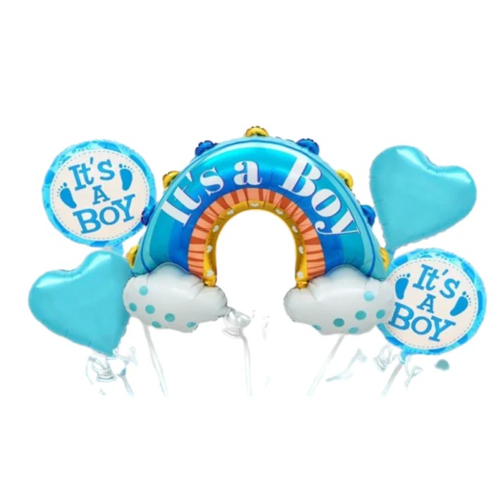 Set 5 Baloane Decorative It's a Boy, Tematica Baby Shower si Gender Reveal, Model Curcubeu, Folie si Latex, 66 x 91 cm, Albastru