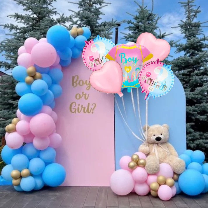 Set 5 Baloane Gender Reveal, Model Haine Bebelusi, Folie de Aluminiu, Compatibile Heliu, Roz si Albastru, 55 x 61.5 cm