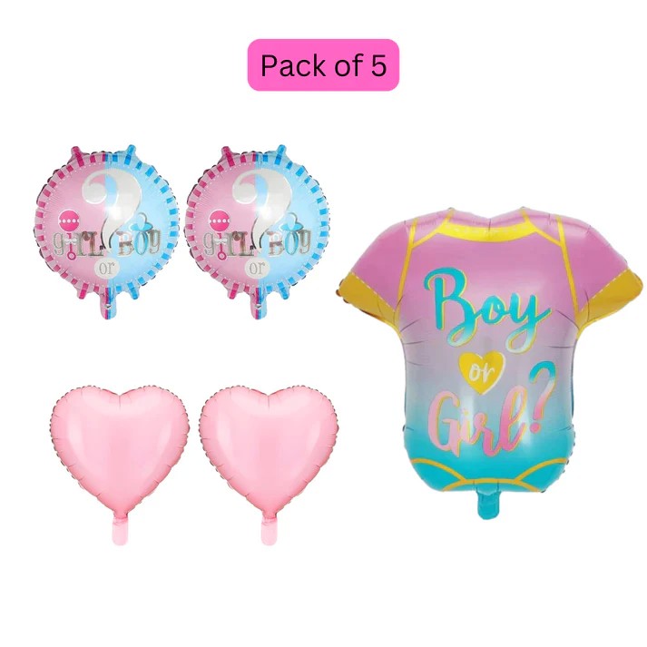 Set 5 Baloane Gender Reveal, Model Haine Bebelusi, Folie de Aluminiu, Compatibile Heliu, Roz si Albastru, 55 x 61.5 cm
