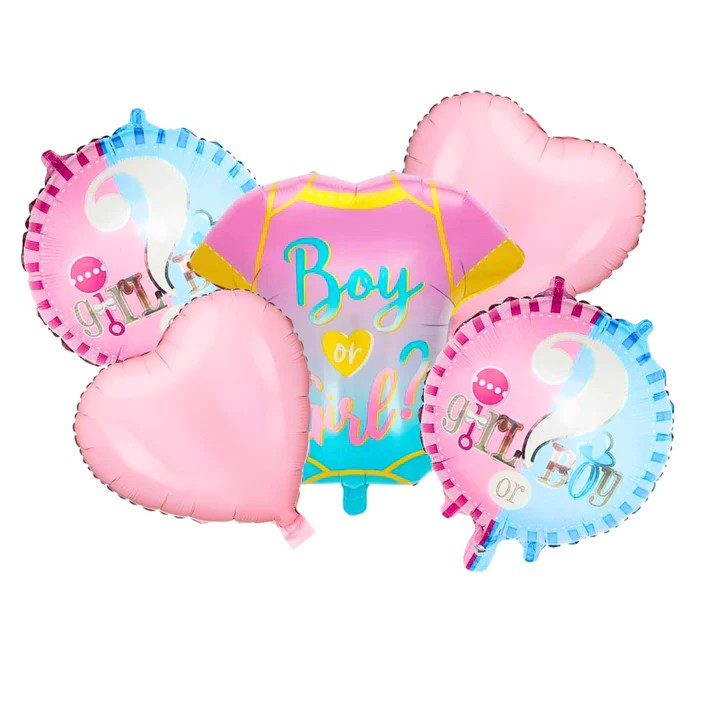Set 5 Baloane Gender Reveal, Model Haine Bebelusi, Folie de Aluminiu, Compatibile Heliu, Roz si Albastru, 55 x 61.5 cm