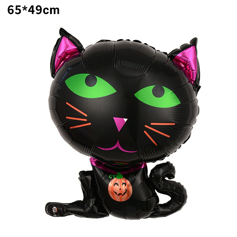 Set 5 Baloane Halloween din Folie Metalizata, Decoratiuni Petrecere Tematica, Figurina Pisica Neagra 65x49 cm, Stelute si Cercuri 45 cm, Umflare Aer sau Heliu, Negru