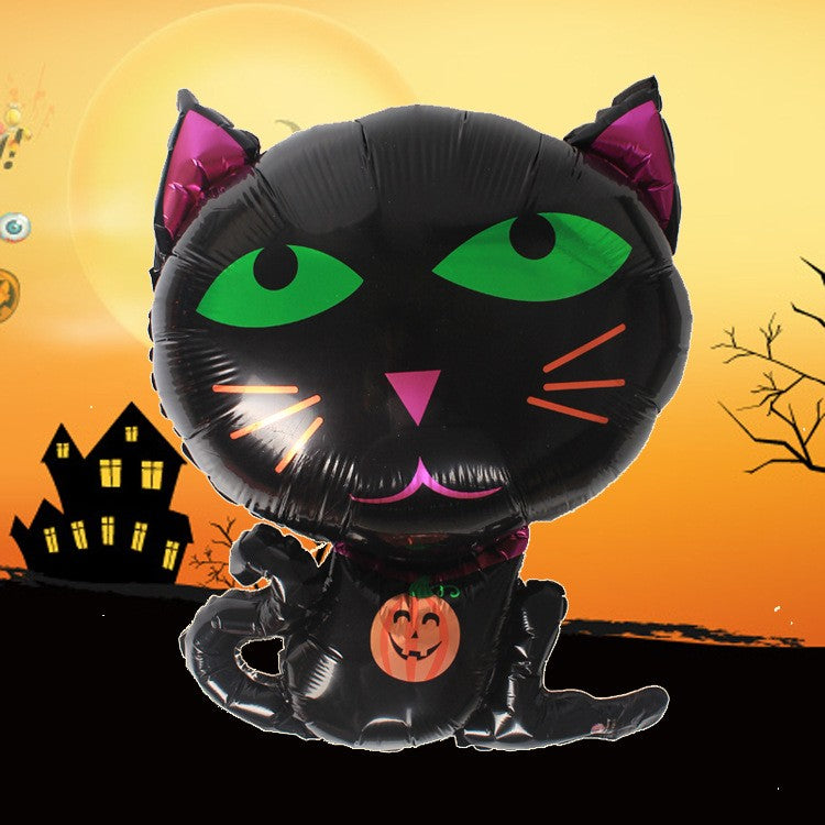 Set 5 Baloane Halloween din Folie Metalizata, Decoratiuni Petrecere Tematica, Figurina Pisica Neagra 65x49 cm, Stelute si Cercuri 45 cm, Umflare Aer sau Heliu, Negru