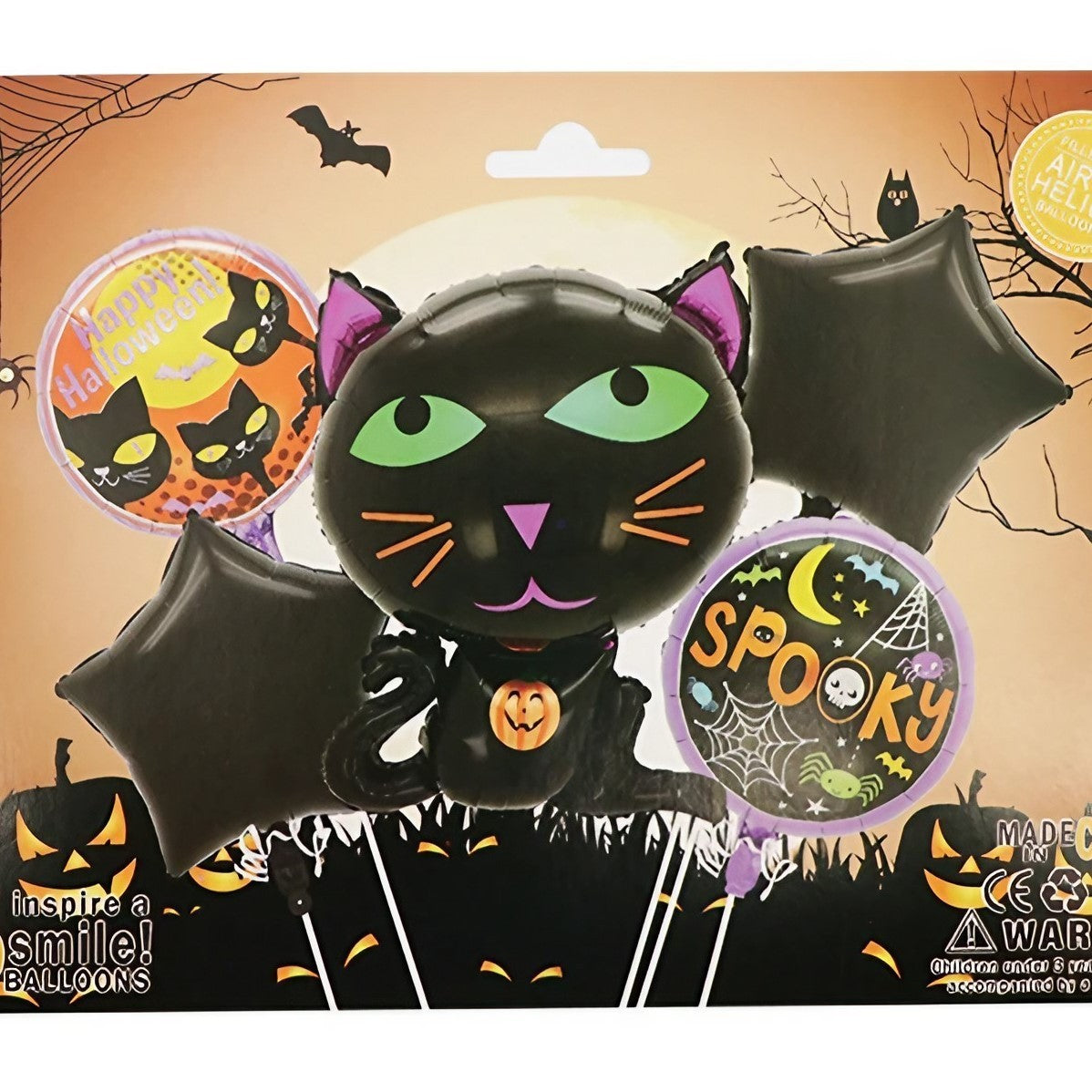 Set 5 Baloane Halloween din Folie Metalizata, Decoratiuni Petrecere Tematica, Figurina Pisica Neagra 65x49 cm, Stelute si Cercuri 45 cm, Umflare Aer sau Heliu, Negru
