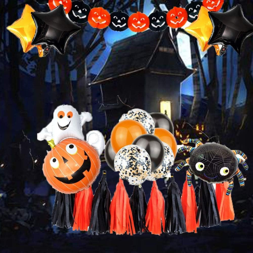Set 5 Baloane Halloween din Folie Metalizata, Figurina Dovleac cu Fantoma, Umflare Aer sau Heliu, Multicolor, 64x80 cm si 45 cm