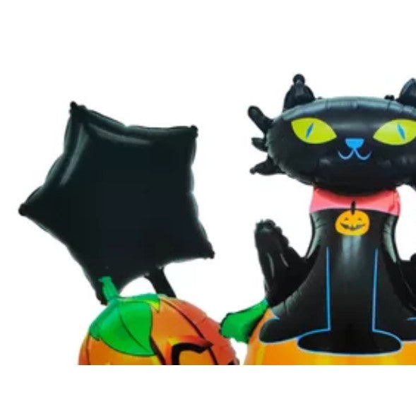 Set 5 Baloane Halloween, Figurine Dovleac si Pisica, Folie Metalizata, Umflare Aer sau Heliu, 90x60 cm si 45 cm, Portocaliu-Negru