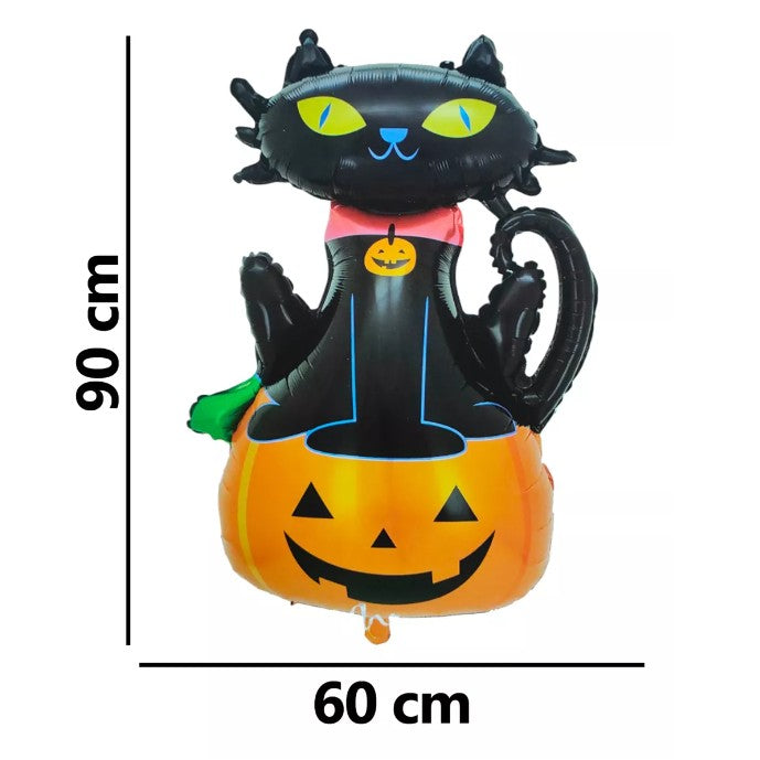 Set 5 Baloane Halloween, Figurine Dovleac si Pisica, Folie Metalizata, Umflare Aer sau Heliu, 90x60 cm si 45 cm, Portocaliu-Negru