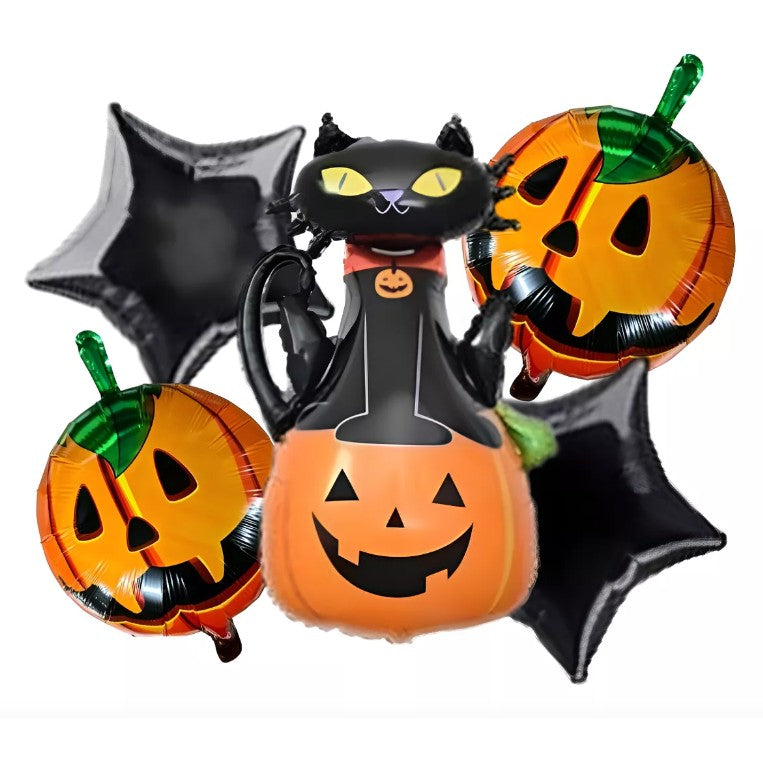 Set 5 Baloane Halloween, Figurine Dovleac si Pisica, Folie Metalizata, Umflare Aer sau Heliu, 90x60 cm si 45 cm, Portocaliu-Negru