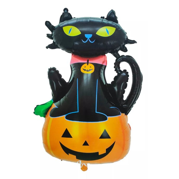Set 5 Baloane Halloween, Figurine Dovleac si Pisica, Folie Metalizata, Umflare Aer sau Heliu, 90x60 cm si 45 cm, Portocaliu-Negru