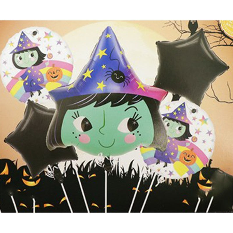 Set 5 Baloane Halloween, Model Little Witch si Stele, Folie Aluminiu, Dimensiuni 30-40 cm, Pai Inclus, Multicolor