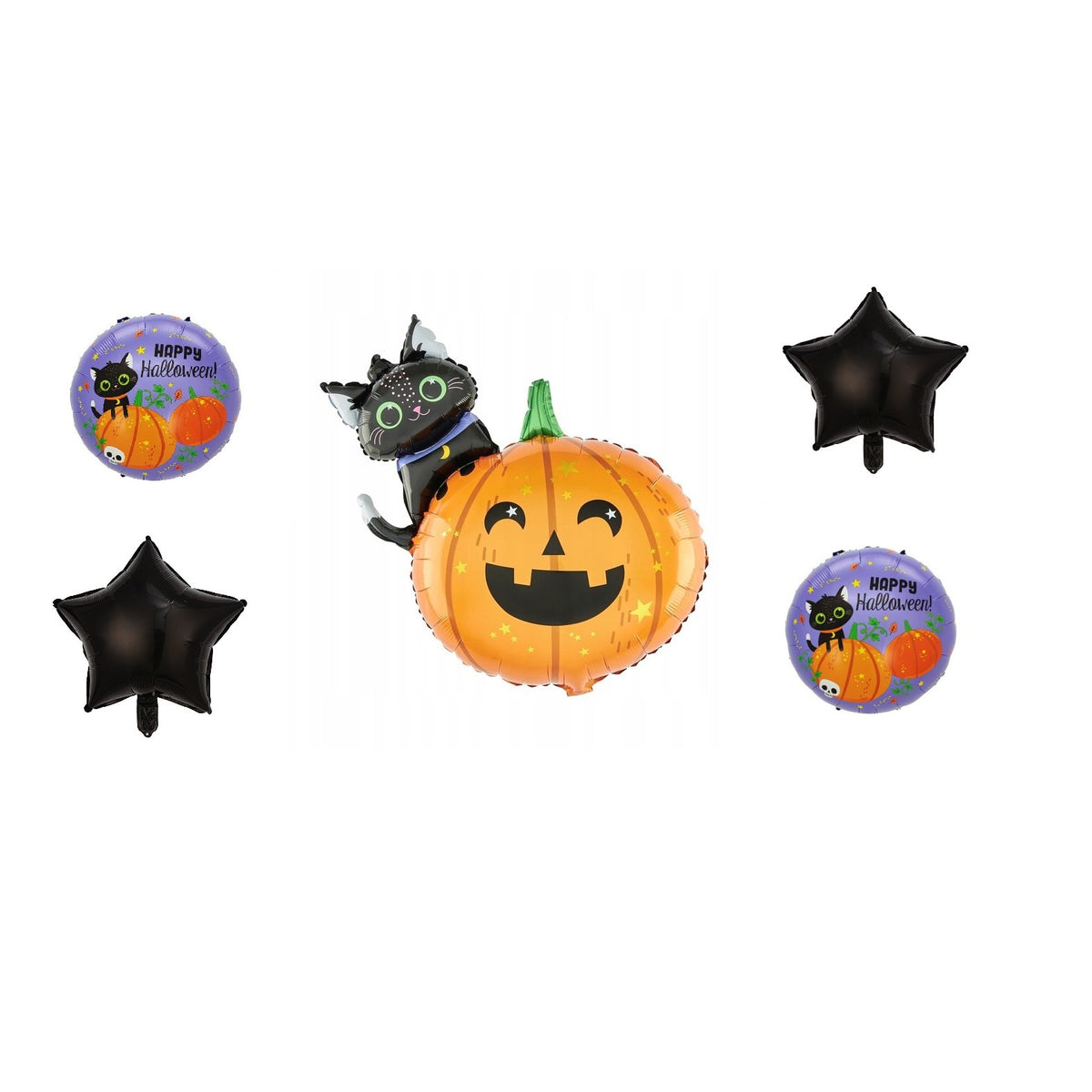 Set 5 Baloane Halloween din Folie Metalizata, Figurina Dovleac si Pisica, Umflare Aer sau Heliu, Multicolor, 84x69 cm si 45 cm