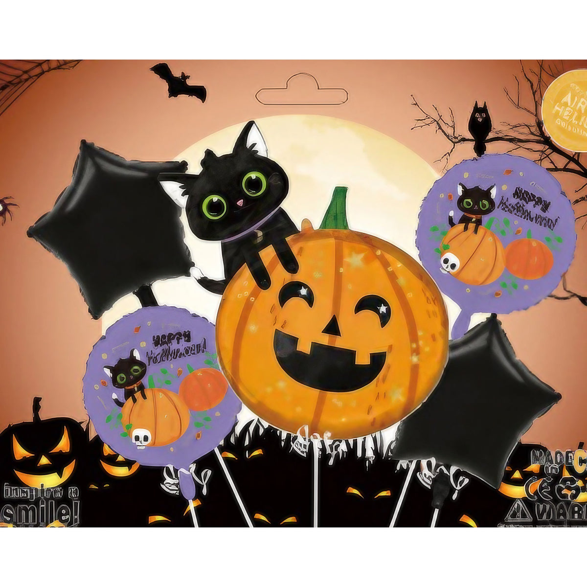 Set 5 Baloane Halloween din Folie Metalizata, Figurina Dovleac si Pisica, Umflare Aer sau Heliu, Multicolor, 84x69 cm si 45 cm