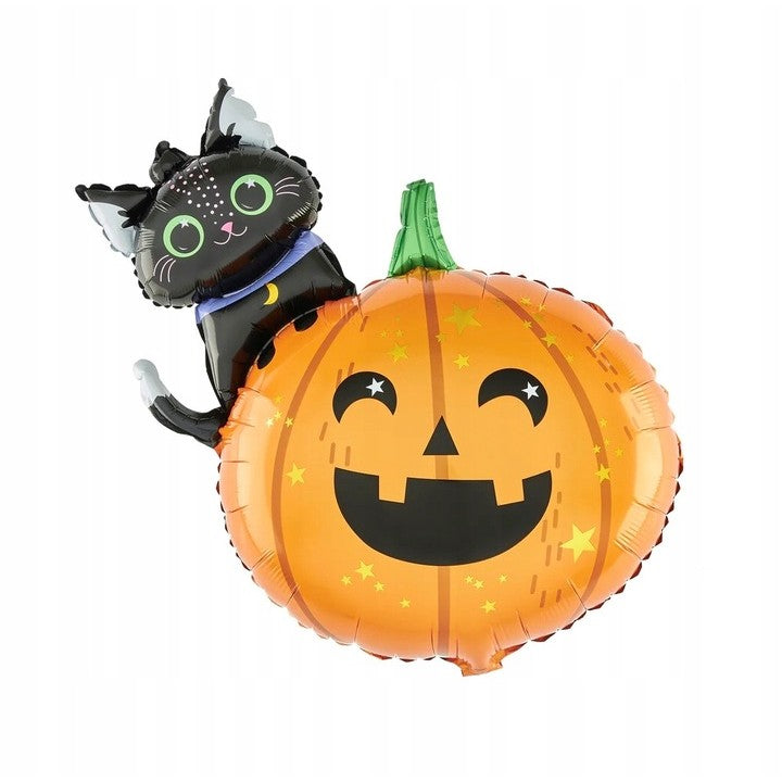 Set 5 Baloane Halloween din Folie Metalizata, Figurina Dovleac si Pisica, Umflare Aer sau Heliu, Multicolor, 84x69 cm si 45 cm