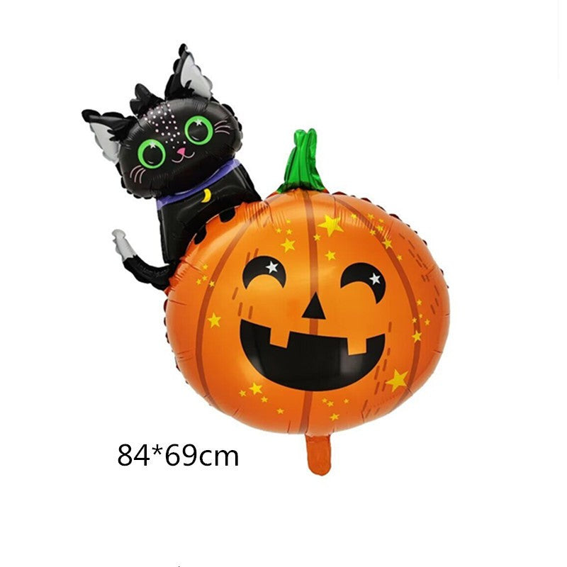 Set 5 Baloane Halloween din Folie Metalizata, Figurina Dovleac si Pisica, Umflare Aer sau Heliu, Multicolor, 84x69 cm si 45 cm