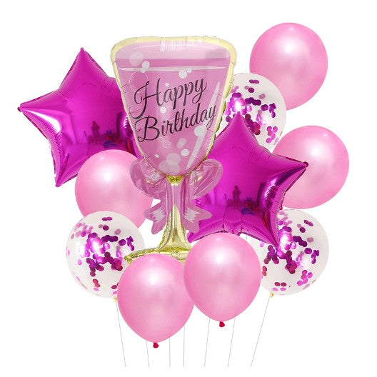 Set Baloane Aniversare Happy Birthday, Kit Decorativ Party 11 Piese, Balon Pahar Gigant 93 cm, Stele Folie, Latex cu Paiete, Mov