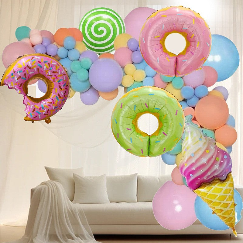 Set 124 Baloane Petrecere, Arcade Model Candy si Dulciuri, Decoratiuni Evenimente, Latex si Folie Aluminiu, Multicolor, Mix Marimi 12.5-80 cm