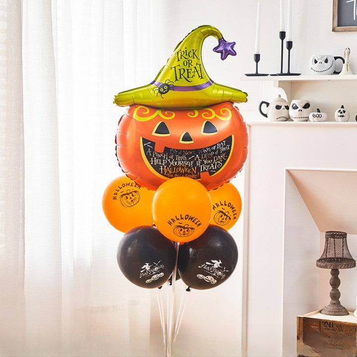 Set 5 Baloane Halloween din Folie Metalizata, Decoratiuni Petrecere cu Umflare Aer sau Heliu, Figurina Dovleac 54x87 cm, 2 Stelute, 2 Baloane Rotunde 45 cm, Multicolor