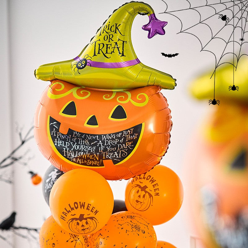 Set 5 Baloane Halloween din Folie Metalizata, Decoratiuni Petrecere cu Umflare Aer sau Heliu, Figurina Dovleac 54x87 cm, 2 Stelute, 2 Baloane Rotunde 45 cm, Multicolor