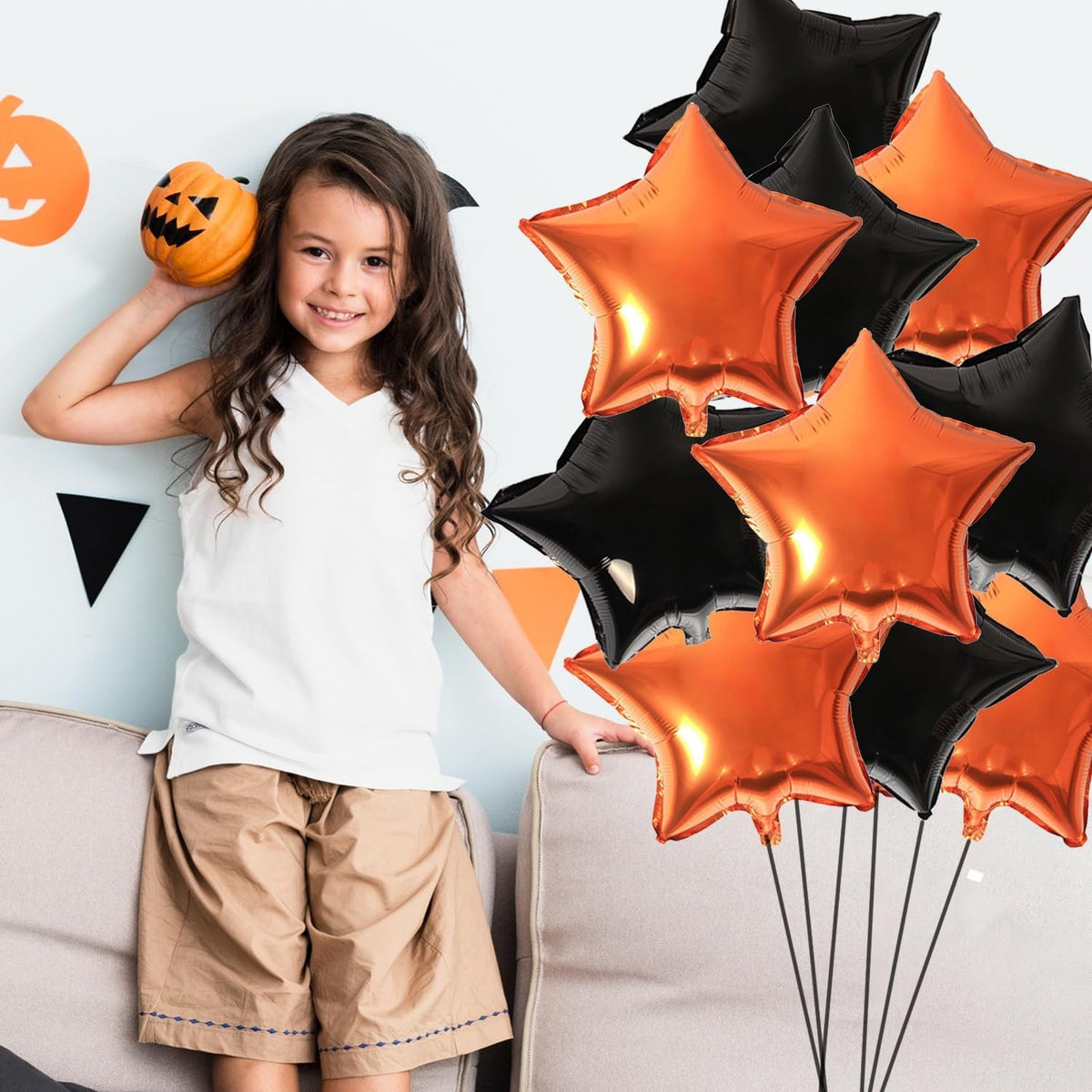 Set 5 Baloane Halloween din Folie Metalizata, Decoratiuni Petrecere cu Umflare Aer sau Heliu, Figurina Dovleac 54x87 cm, 2 Stelute, 2 Baloane Rotunde 45 cm, Multicolor