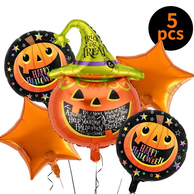 Set 5 Baloane Halloween din Folie Metalizata, Decoratiuni Petrecere cu Umflare Aer sau Heliu, Figurina Dovleac 54x87 cm, 2 Stelute, 2 Baloane Rotunde 45 cm, Multicolor