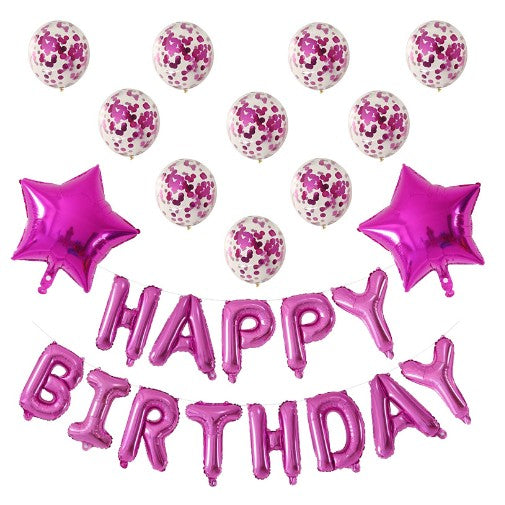Set 12 Baloane Aniversare Cifra 1, Mesaj Happy Birthday, Folie Aluminiu și Latex cu Paiete, Roz, 30-45 cm