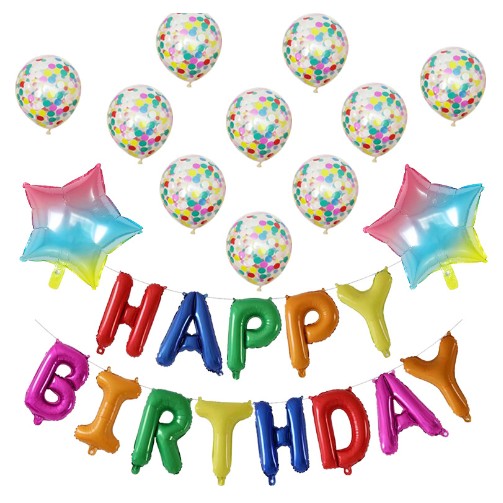 Set 12 Baloane Aniversare Cifra 1, Mesaj Happy Birthday, Folie Aluminiu și Latex cu Paiete, Multicolor, 30-45 cm