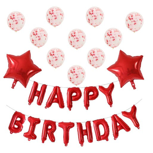 Set 12 Baloane Aniversare Happy Birthday și Cifra 1, Set Decorativ Petrecere, Folie Aluminiu și Latex cu Paiete, 30-45 cm, Roșu