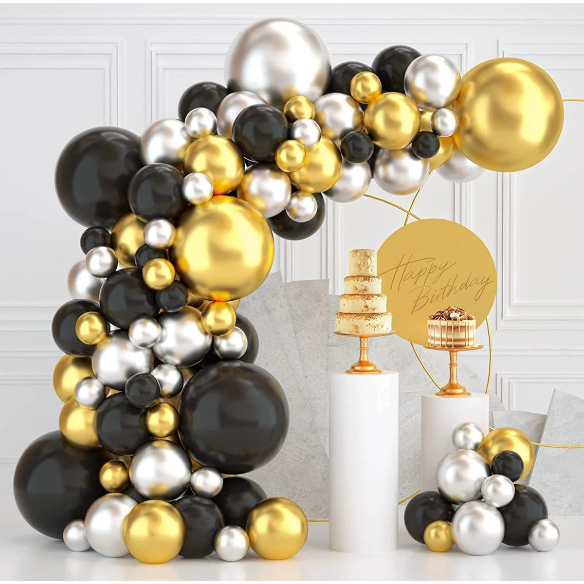 Set 163 Baloane Pentru Arcada si Petrecere, Decoratiuni Aniversari si Evenimente, Latex Rezistent, 12 cm, 30 cm, 45 cm, Negru, Auriu, Alb
