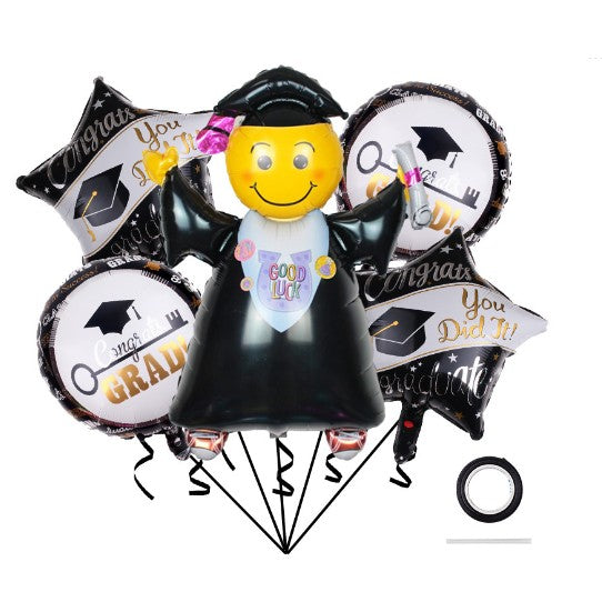 Set 5 Baloane Tematica Absolvire, Figurina Absolventa, 2 Stele Si 2 Rotunde, Folie Aluminiu, Umflare Aer Sau Heliu, 70 x 40 cm, Alb si Negru