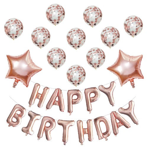 Set Aniversar 12 Baloane și Cifră 1, Mesaj Happy Birthday, Folie de Aluminiu și Latex cu Paiete, 30-45 cm, Rose Gold