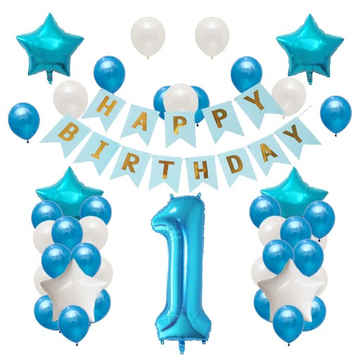 Set Baloane Aniversare Happy Birthday, 42 Piese, Cifră Mare 60 cm, Stele Folie Aluminiu, Baloane Latex, Baby Boy, Albastru