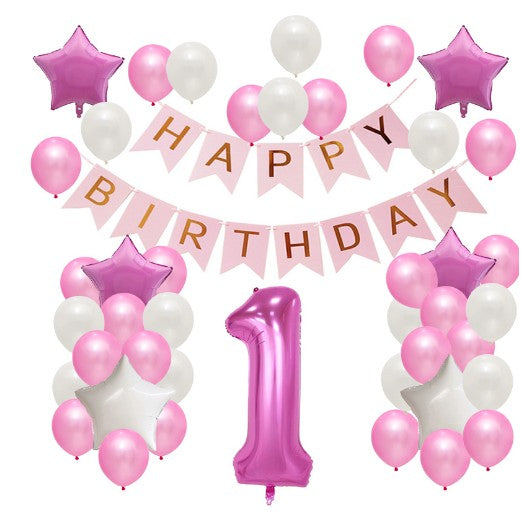 Set Baloane Aniversare Happy Birthday, 42 Piese, Cifra Mare, 4 Stele Folie Aluminiu, 37 Baloane Latex, Model Baby Girl, Roz, 60 cm