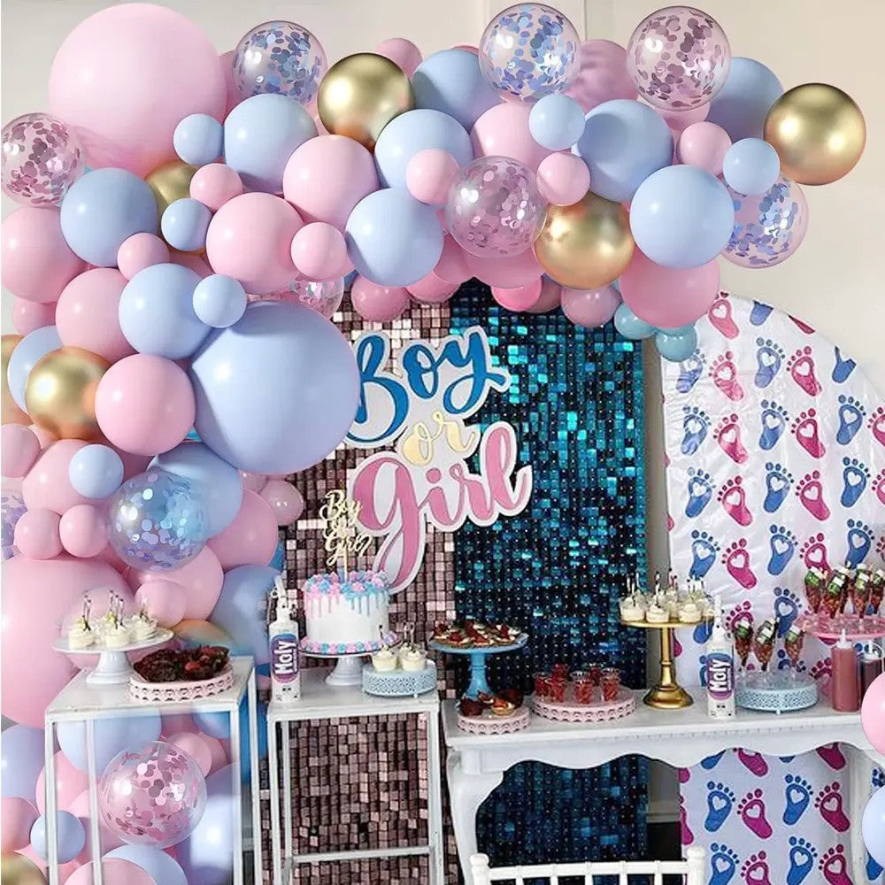 Set 130 Baloane Decorative pentru Petrecere Gender Reveal, Kit Arcada Baloane Latex si Confetti, Albastru, Roz si Auriu, Multicolor