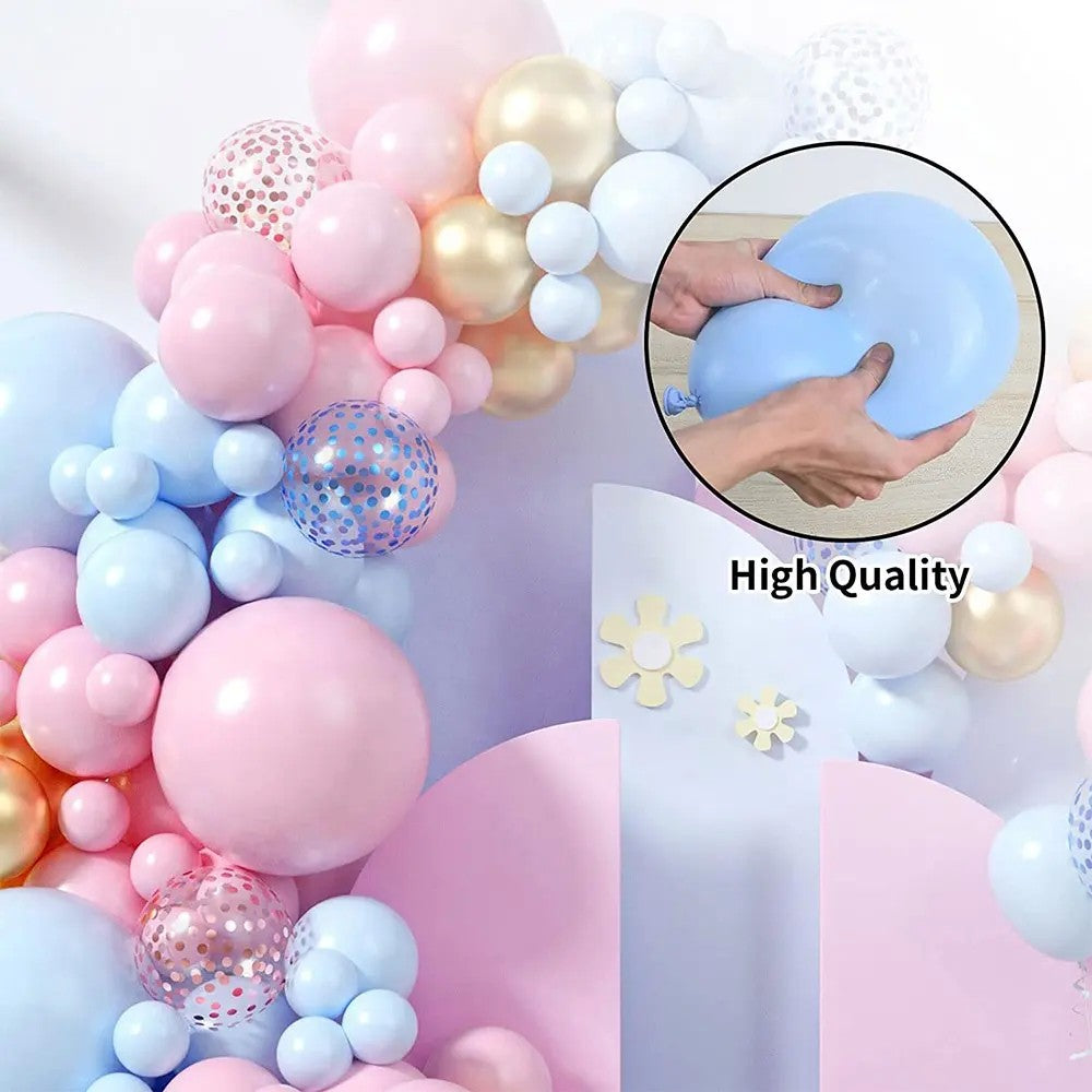 Set 130 Baloane Decorative pentru Petrecere Gender Reveal, Kit Arcada Baloane Latex si Confetti, Albastru, Roz si Auriu, Multicolor