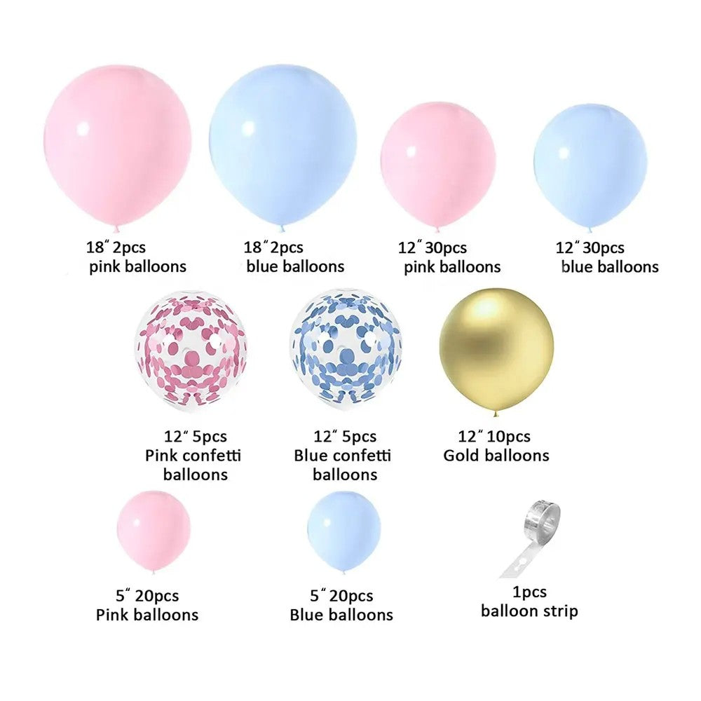 Set 130 Baloane Decorative pentru Petrecere Gender Reveal, Kit Arcada Baloane Latex si Confetti, Albastru, Roz si Auriu, Multicolor
