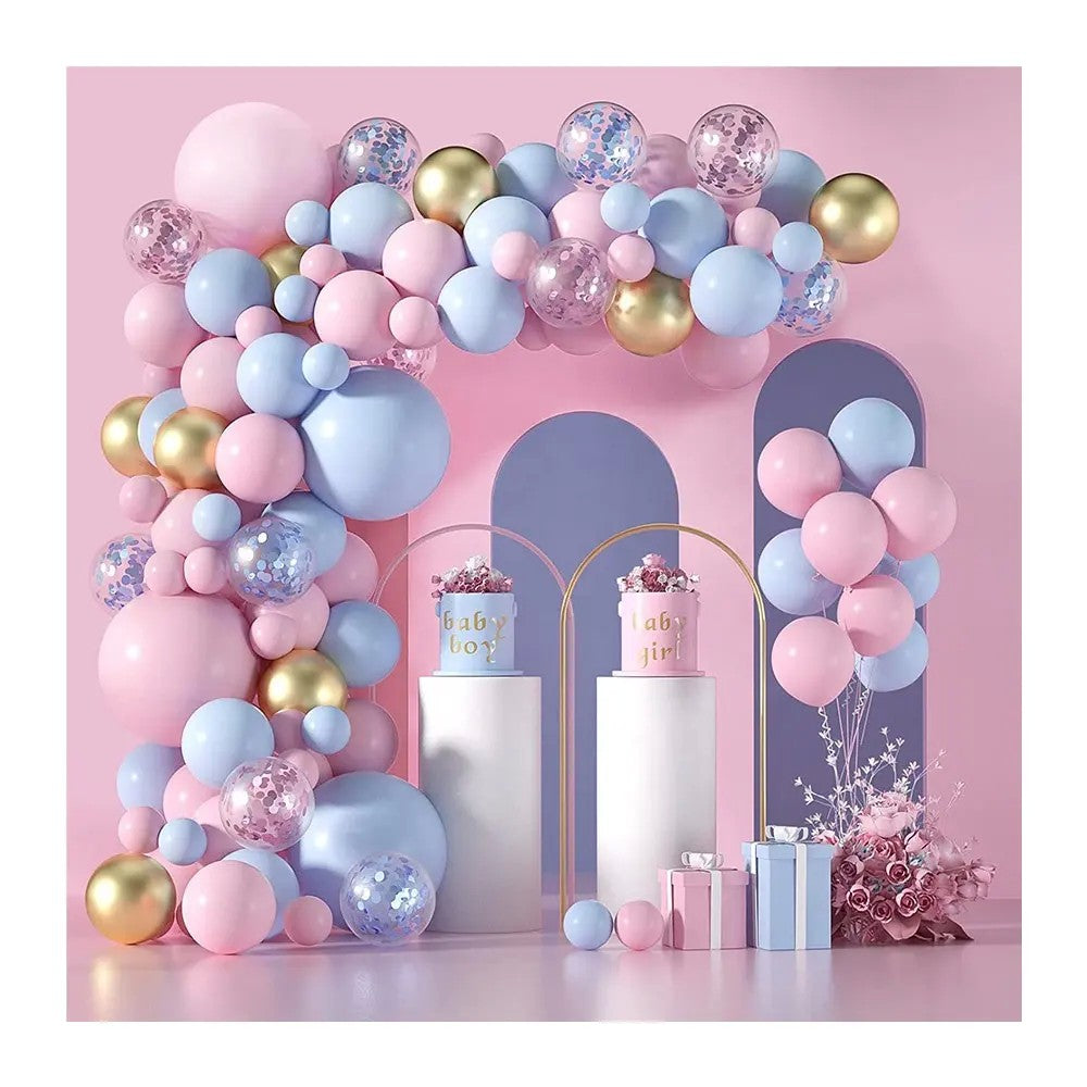 Set 130 Baloane Decorative pentru Petrecere Gender Reveal, Kit Arcada Baloane Latex si Confetti, Albastru, Roz si Auriu, Multicolor