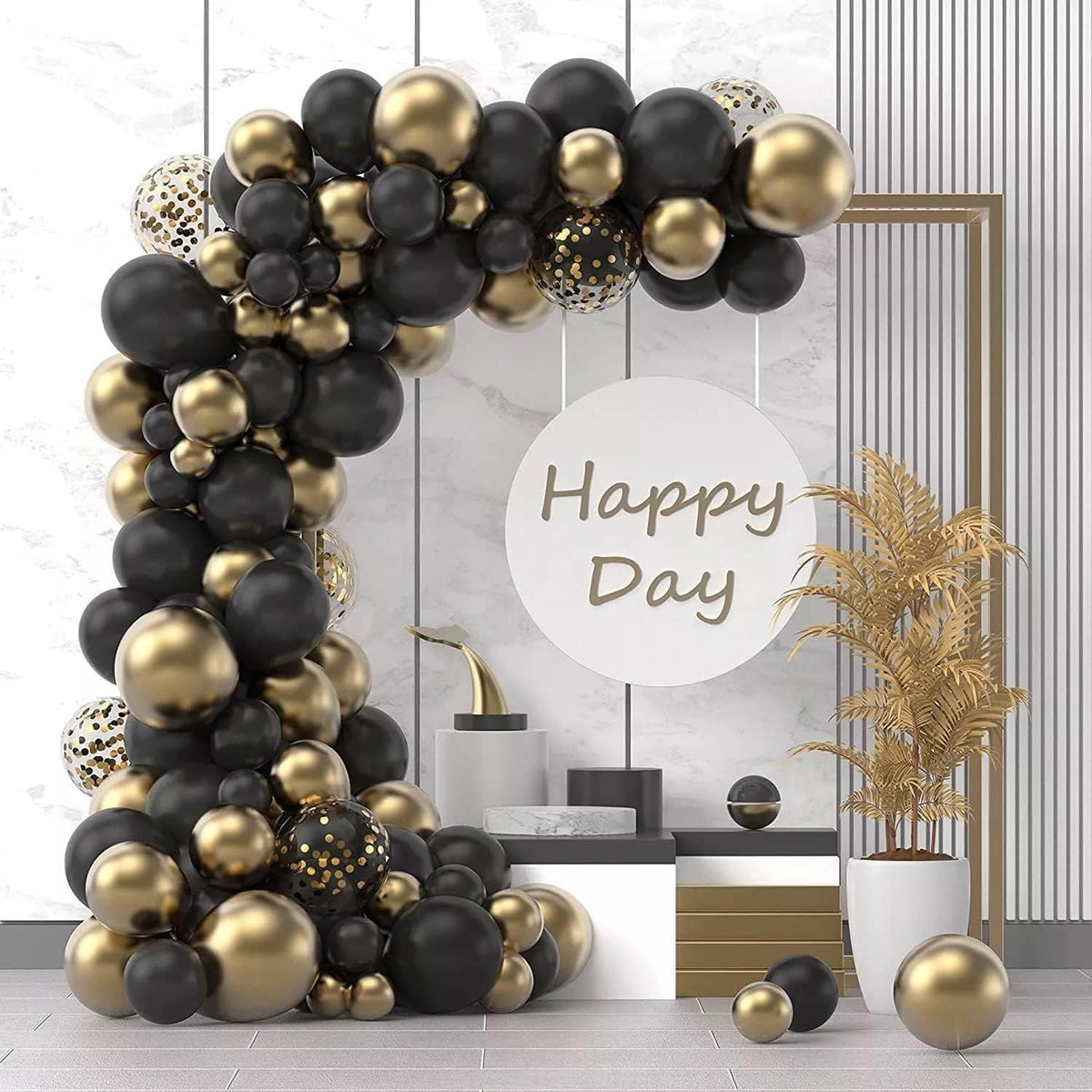 Set 107 Baloane pentru Arcada si Decoratiuni Evenimente, Baloane din Latex si Confetii, Nunta sau Aniversare, Negru si Auriu