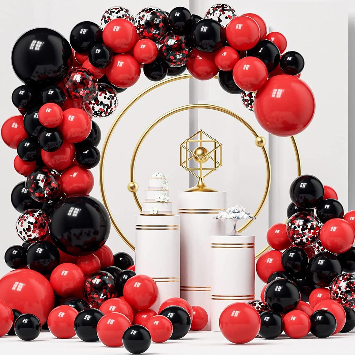 Set 124 Baloane Decorative pentru Arcada, Latex si Confetii, Decoratiuni Nunta si Aniversari, Negru si Rosu